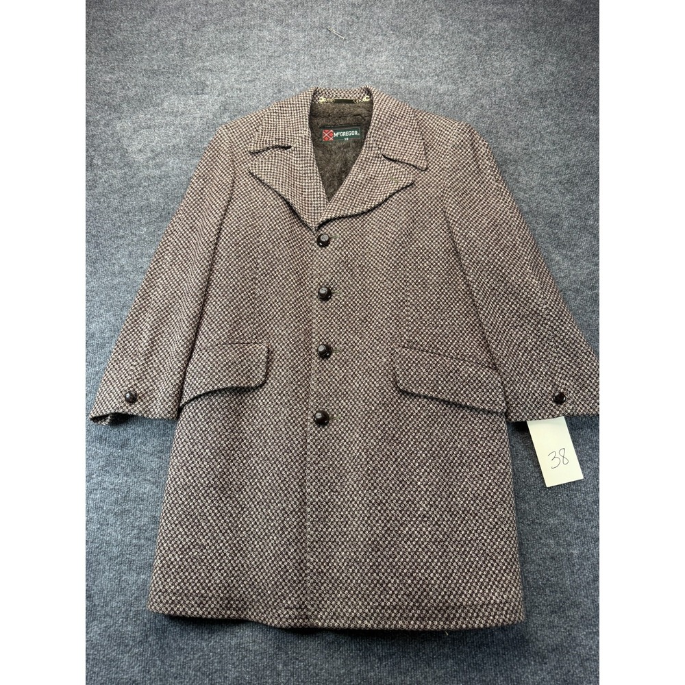 Vintage 70s McGregor Mens 38 Tweed Car Coat Overcoat Faux Fur Lined Wide Collar